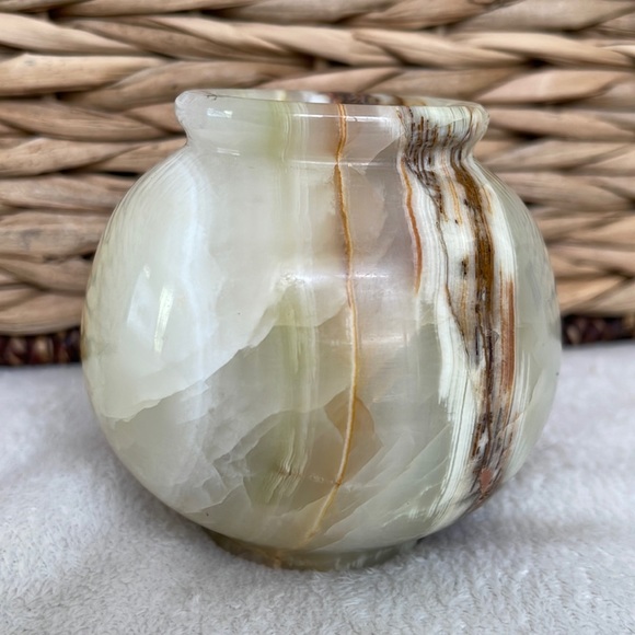 Natural Onyx Banded Green Brown Onyx Small Round Vase Home Decor - Picture 1 of 7